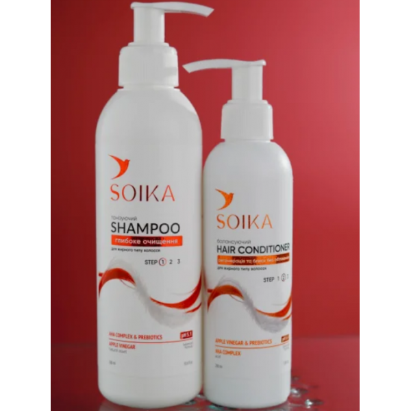 Set de păr Soika „Curățare profundă” cu acizi AHA (șampon, balsam) Set de păr Soika „Curățare profundă” cu acizi AHA (șampon, balsam)