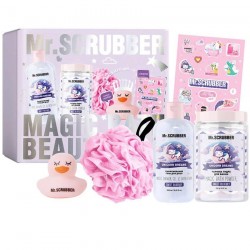 Set cadou Dulce Afine Mr.SCRUBBER (gel de duș, pudră de baie, prosop, rățușcă, pachet de autocolante)