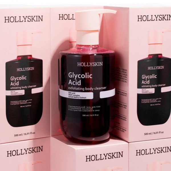 Gel de curățare corporală exfoliant cu acid glicolic Hollyskin, cu acid glicolic și extract de sevă de arțar 500 ml