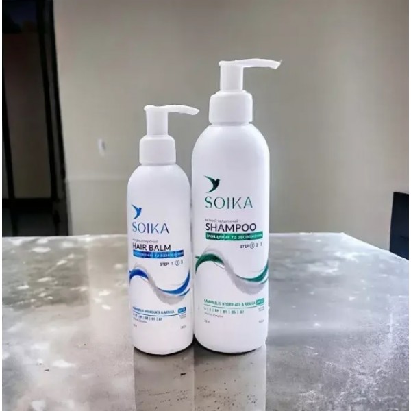 Set de păr Soika 2 în 1 „Curățare și hidratare” Hamamelis Hydrolate Arnica (șampon, balsam)